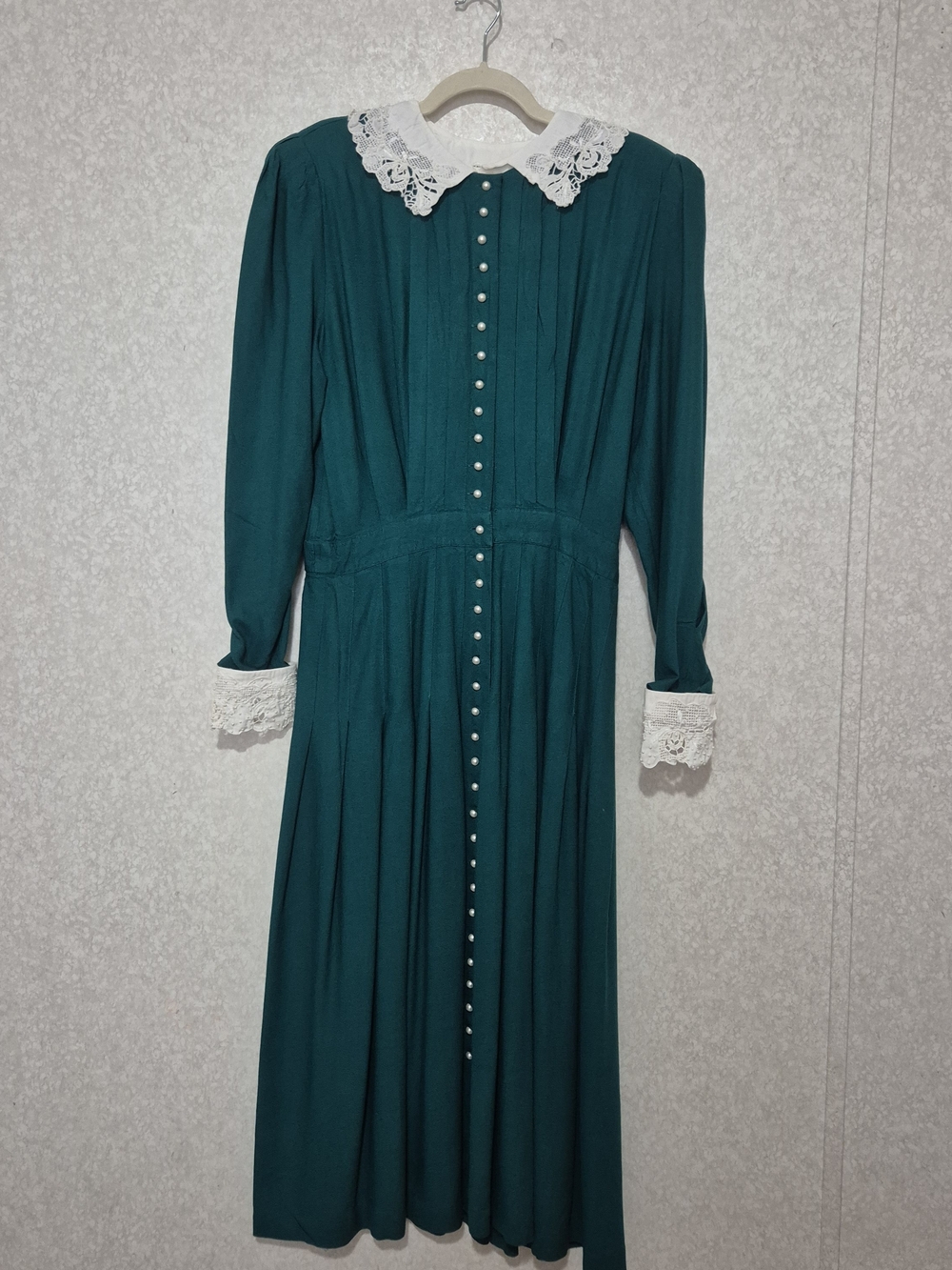 MARIE ST. CLAIRE VINTAGE 80S Teal Long-Sleeve Dress with Lace Collar-size:14